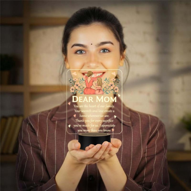 Dear Mom Acrylic LED Lamp with UV Print – Warm White Night Light Mother’s Day Gift